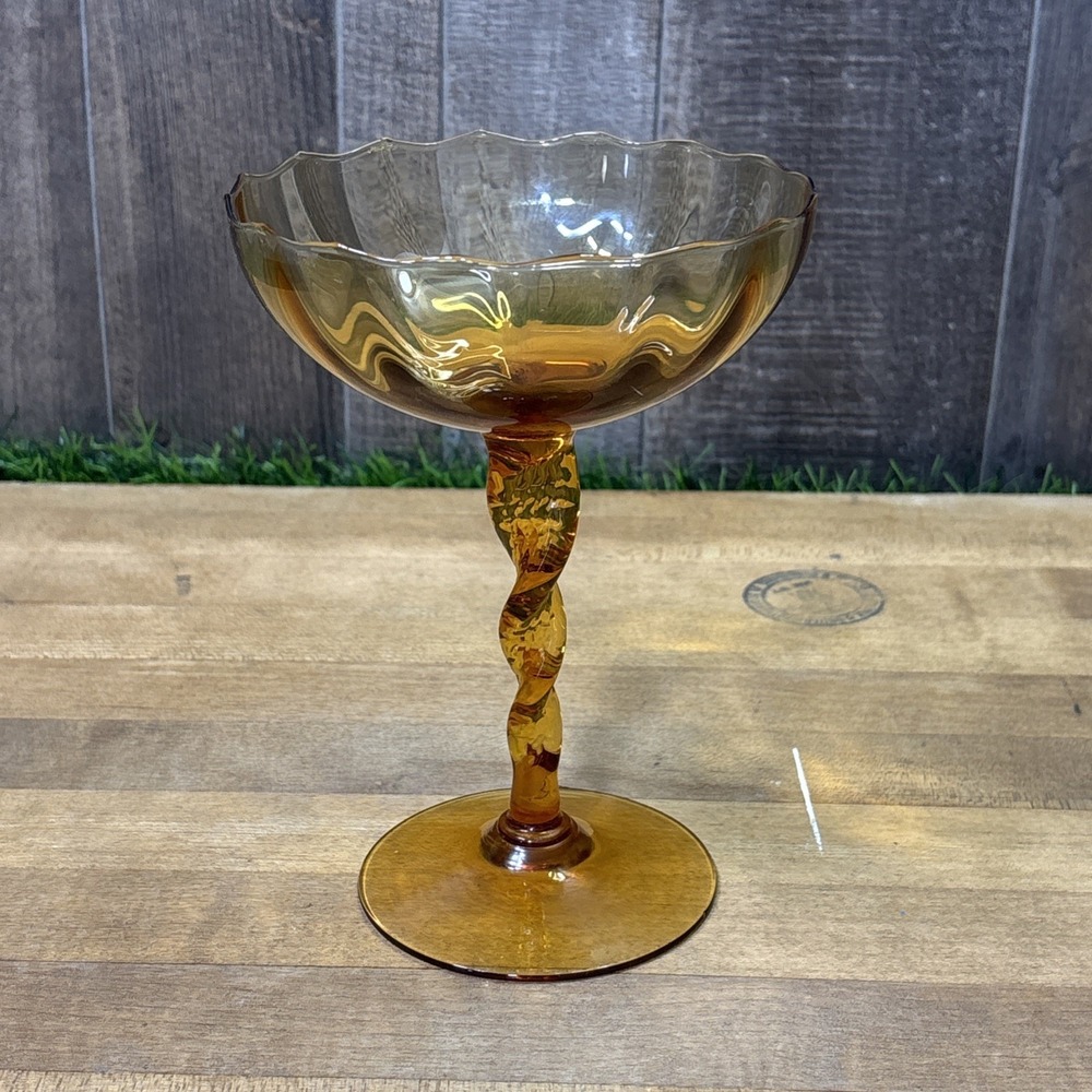 Vintage 1960s Empoli Italian Art Glass Amber Compote Twisted Stem Footed Dish